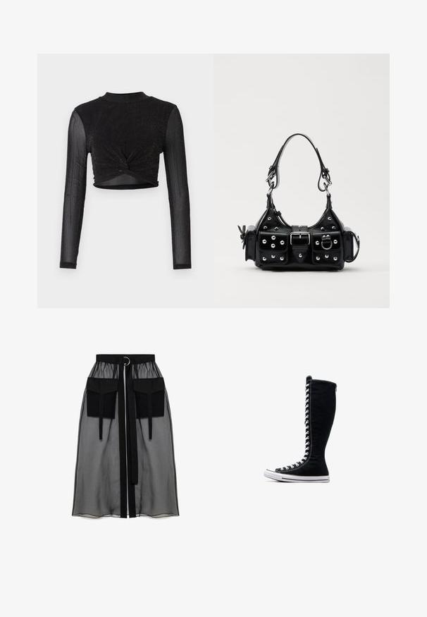 Musta pitkähihainen cropped-toppi kierretty etuosalla, valmistettu kiiltävästä ja rakenteellisesta kankaasta. Korkea kaula-aukko ja tiukka malli.; Musta läpinäkyvä hame, jossa on kerätty vyötärö, kaksi suurta etutaskua, vyönauha ja pyöreä metallikoriste.; Musta korkeavartinen lenkkarit, joissa on korkea muotoilu, valmistettu kankaasta. Varustettu valkoisilla nauhoilla, ompeleilla ja kumipohjalla, jossa on varvaskuppi.; Musta nahkainen käsilaukku, jossa on kaareva muotoilu, hopeiset niitit, solki ja kaksi sivutaskua. Säädettävä olkahihna erilaisiin kantovaihtoehtoihin.