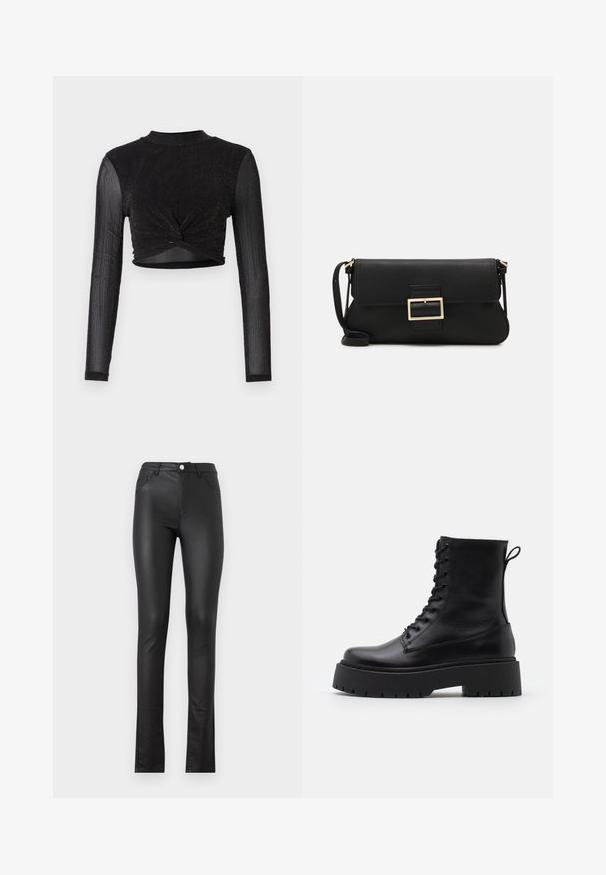 Čierny dlhý rukáv, skrátený top s prekrúteným predným detailom, vyrobený zo trblietavého, štruktúrovaného materiálu. Vysoký golier a priliehavý strih.; Čierne nohavice z imitácie kože so štíhlym strihom, s predným zapínaním na gombík, dvoma prednými vreckami a mierne rozšíreným lemom na spodnej časti.; Čierne kožené členkové topánky s okrúhlou špičkou, šnurovaním vpredu a hrubou gumovou podrážkou s textúrovaným vzorom. Sťahovací pútko na zadnej strane.; Čierna kožená clutch taška s klopou a zlatým kovovým detailom s prackou. Obsahuje čierny remienok a elegantný, minimalistický dizajn.