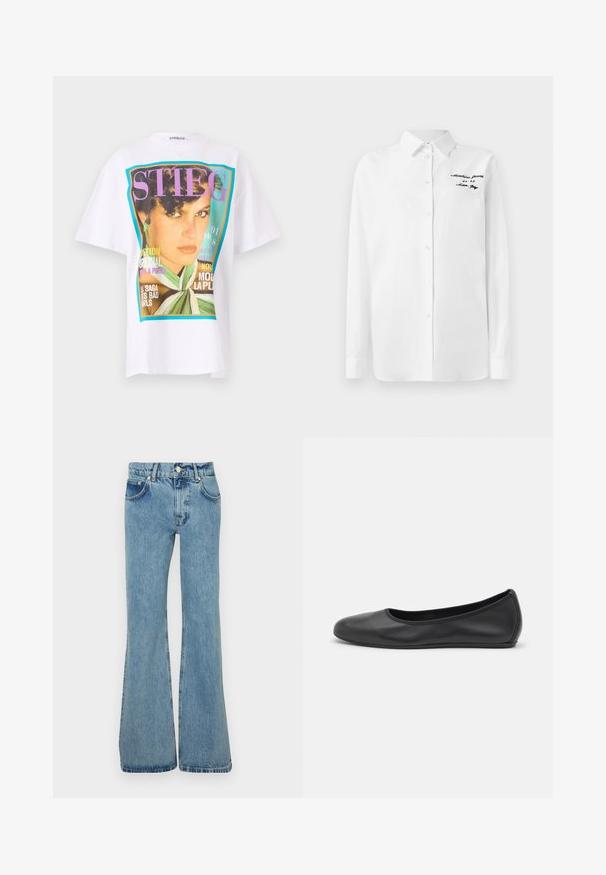 Hvid bomulds t-shirt med et stort grafisk print af et kvindeportræt og farverige tekst elementer i lilla og turkise nuancer.; Hvid langærmet skjorte med knaplukning og krave samt sort broderet tekst "Moschino Jeans" på øverste venstre bryst.; Lyseblå flagrende jeans lavet af denim, med høj talje, forlommer og frynsede kanter for en afslappet pasform.; Sort læderballetsko med rund tå, glat tekstur, minimal syning og et fleksibelt såldesign.