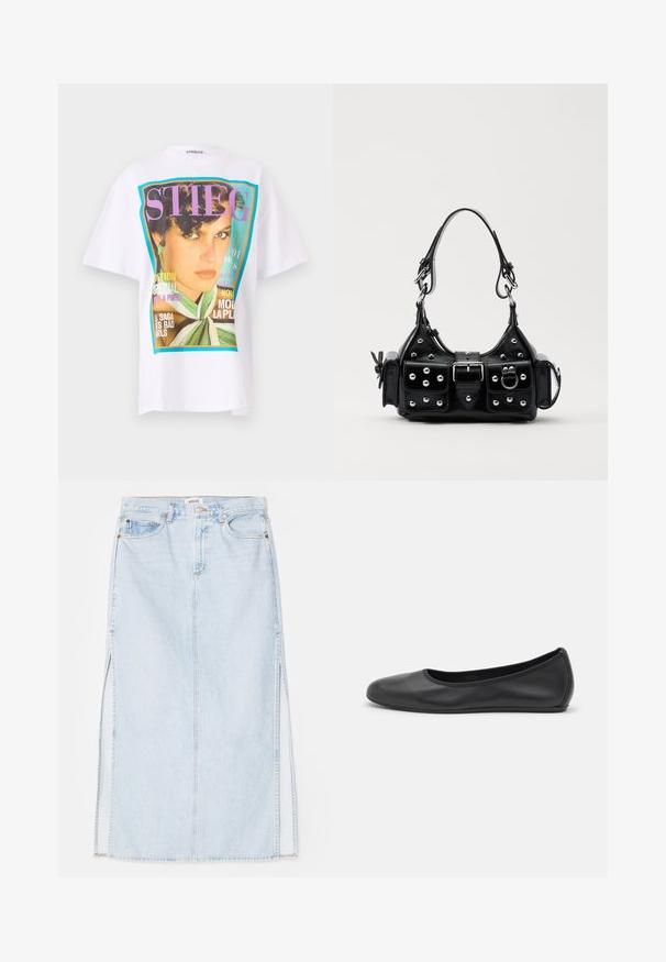 Hvid bomulds t-shirt med et stort grafisk print af et kvindeportræt og farverige tekst elementer i lilla og turkise nuancer.; Lyseblå denim maxi nederdel med lige snit, der har sideslidser og fem-lomme design. Fremtrædende syninger og metalknaplukning.; Sort læderballetsko med rund tå, glat tekstur, minimal syning og et fleksibelt såldesign.; Sort læderhåndtaske med et buet design, prydet med sølvfarvede nitter, en spænde og to sidelommer. Justerbar rem til forskellige bære muligheder.