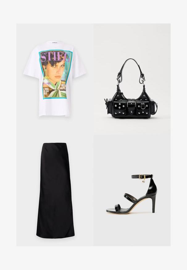 Balta kokvilnas t-kreklu ar lielu grafisku apdruku, uz kuras attēlota sievietes portrets un krāsaini teksta elementi purpura un tirkīza akcentos.; Norma Kamali BIAS OBIE SKIRT - Maksi svārki - black; Melnas lakota ādas sandalēs ar trim siksnām, potītes sprādzi un 4 collu stiletto papēdi. Iespējas ar zelta detaļām un logotipa piekariņu.; Melnas ādas rokturmais ar izliekumu, ar sudraba iedurtiem, sprādzi un divām sānu kabatām. Regulējams siksniņas garums dažādām nēsāšanas iespējām.