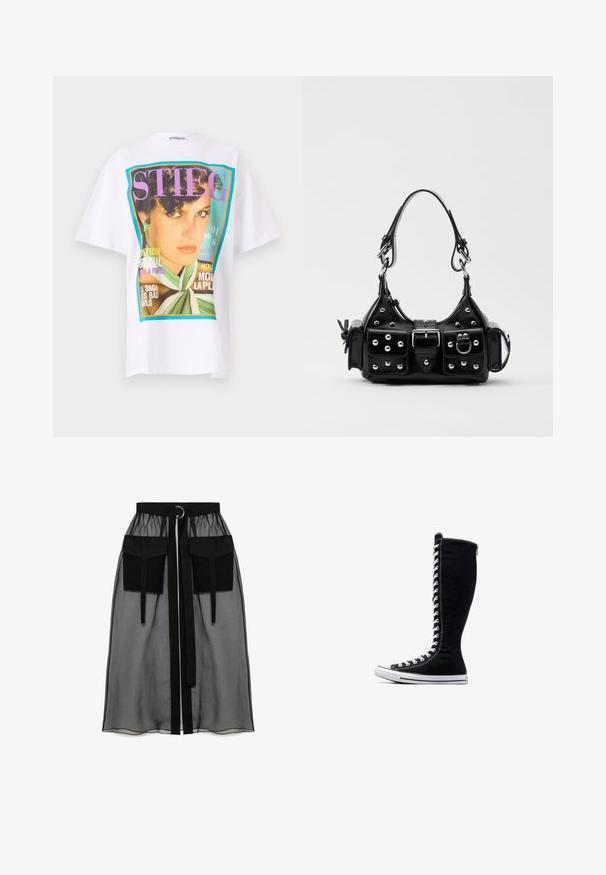 Valge puuvillane t-särk, millel on suur graafiline prindiga naise portree ja erksad tekstielemendid lilla ja türkiissiniste aktsentidega.; Must mustriga seelik, millel on kogutud vöökoht, kaks suurt esitaskut, vöötie ja ringikujuline metallaktsent.; Mustad mustad ketsid, millel on pikk disain, valmistatud kanvasest. Omavad valgeid paelu, õmblusi ja kummist tallat, millel on varbapatja kate.; Must värvi nahast käekott, millel on kaarjas disain, hõbedased nupukesed, kinnitusahe ja kaks külgtaskut. Reguleeritav rihm erinevate kandmisvõimaluste jaoks.