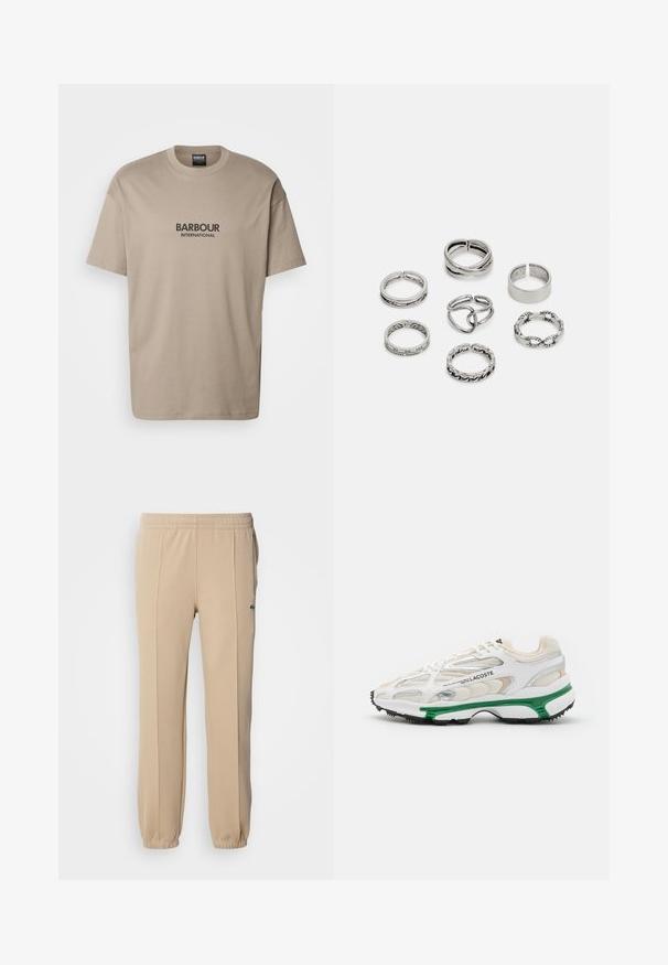 Beige cotton t-shirt with short sleeves, crew neck, and a printed black "BARBOUR INTERNATIONAL" logo on the front. Smooth texture.; Lacoste Tracksuit bottoms - viennese; White sneaker with green accent and black rubber sole. Features mesh and synthetic panels, with a textured finish and visible stitching.; Set of seven silver rings featuring various designs, including twisted, linked, and engraved patterns. Different shapes and widths.