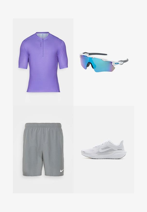 T-shirt à manches courtes en violet avec un col montant, fermeture éclair sur le devant, tissu lisse et détail de logo discret sur le côté gauche.; Shorts de sport gris en tissu lisse, avec une taille élastique et un logo Nike blanc en bas à droite.; Chaussure de sport blanche avec une tige en maille, des superpositions texturées lisses, des accents gris, des lacets et une semelle rembourrée conçue pour la performance.; Lunettes de soleil avec une monture blanche, des accents gris et des verres miroitants bleus. Design sportif, forme enveloppante et plaquettes de nez réglables.
