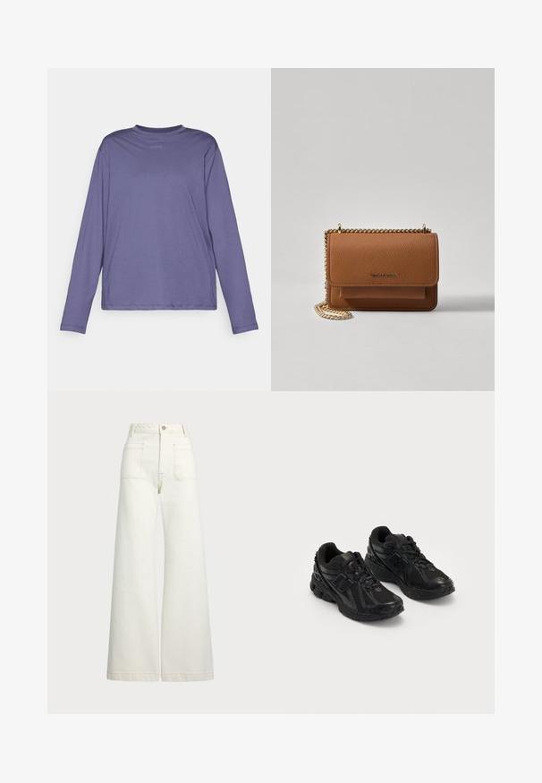 Camisola de manga longa roxa feita de um tecido suave, com um decote arredondado e um logotipo discreto no peito. Design simples, ajuste descontraído.; Jeans de perna larga em denim off-white. Design de cintura alta com fecho de botão, dois bolsos frontais e detalhes de costura em contraste.; Sapatilhas de desporto pretas feitas de malha e materiais sintéticos. Possuem uma sola almofadada, padrões texturizados e uma marcação em relevo de marca na lateral.; Bolsa crossbody de couro texturizado castanho com alça de corrente dourada e fecho com aba. A parte da frente apresenta detalhe do logótipo e um bolso sob a aba.