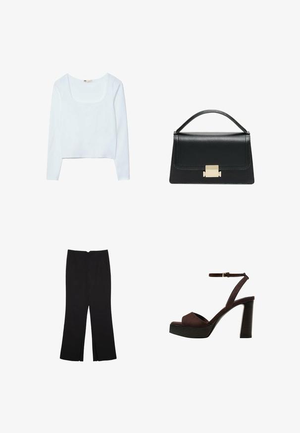 Hvid, langærmet, cropped top med firkantet halsudskæring og glat tekstureret stof. Ingen synlige mønstre eller hardwaredetaljer.; Sorte bukser med lige pasform, der har frontlommer og slidser i kanten. Lavet af blødt, glat stof. Velegnet til forskellige anledninger.; Brune ruskinds højhælede sandal med åben tå, justerbar ankelrem og en stribet plade sål.; Sort læderhandtaske med et struktureret design, topbærerhåndtag og en detalje i guldfarvet metalklap på fronten. Glat tekstur, minimal syning.
