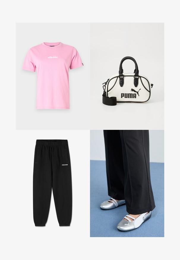 Tricou din bumbac roz, cu gât rotund, mâneci scurte și un logo alb imprimat pe față. Textură netedă, croi lejer.; Pantaloni de trening negri dintr-un material moale, cu un tiv ajustabil la talie, picioare conice și buzunare laterale. Logo-ul "PEGADOR" în alb pe față.; Pantofi plat din silver și alb cu bretele încrucișate și detalii texturate, completate de pantaloni negri lejeri. Fundalul este un podea albastră.; Geantă albă cu accente negre, ce prezintă un logo Puma. Mânere scurte și rotunjite și o curea detașabilă, confecționată din material sintetic texturat.