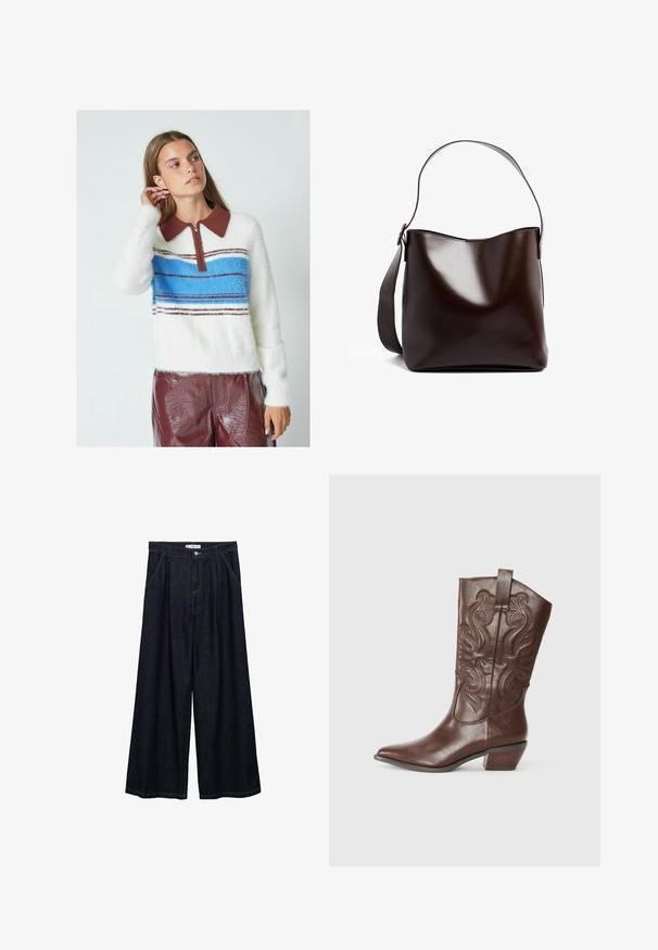 Flauschiger weißer Pullover mit braunem Kragen, Reißverschluss und blauen horizontalen Streifen, kombiniert mit glänzenden burgunderfarbenen Hosen.; Dunkelblaue, weite High-Waist-Hosen aus Denim mit einem Knopfverschluss vorne, zwei Seitentaschen und Nähdetails.; Braune Leder-Cowboystiefel mit spitzer Zehenpartie, dekorativer Stickerei am Schaft und niedrigem, gestapeltem Absatz. Glatte Textur mit glänzendem Finish.; Braune Leder-Schultertasche mit glatter, glänzender Textur. Besitzt eine geschwungene Oberseite und einen breiten Träger. Einfaches Design ohne Verzierungen.