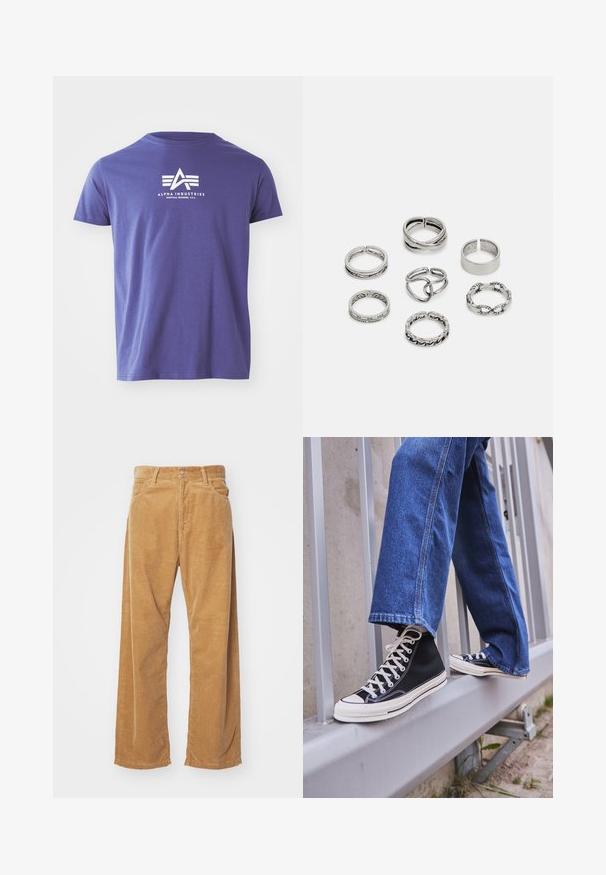 Kortermet, rundhalset T-skjorte i lilla bomull. Har en hvit logo med tekst på brystet og en jevn tekstur.; Bredde benbukser i kordfløjl i en tanfarve. Har strukturerede, lodrette ribber, med en standard talje og to forlommer.; Svarte høy-hælte joggesko med hvit såle og snøring, paired med løse blå denim-jeans, hvilende på et grått rekkverk.; Sett med sju sølvringer med forskjellige design, inkludert vridde, sammenkoblede og gravyrmønstre. Ulike former og bredder.