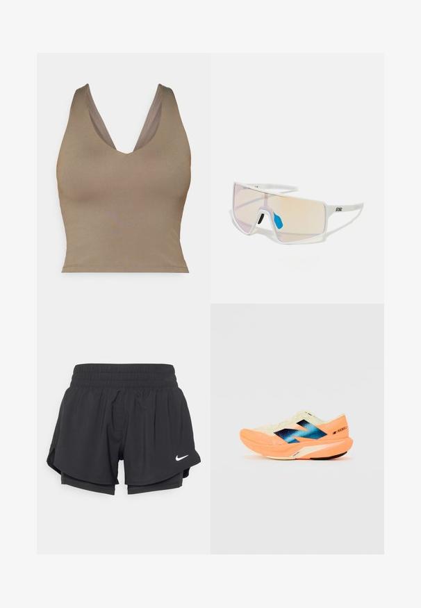 Smeđi, bez rukava s dubokim V-izrezom. Glatka tekstura i prilagođen oblik, s širokim naramenicama i ravnim rubom.; Crne atletske kratke hlače s elastičnom trakom u struku, unutarnjim oblogom i bočnim prorezima. Na lijevoj prednjoj strani nalazi se bijeli Nike logo.; Trkaća cipela s laganim krem gornjim dijelom, plavim oznakama i narančastim detaljima na potplatu. Mrežasti tekstur za prozračnost.; Sunglasses s bijelim okvirom i velikim lećama sa gradijentom u nijansama ružičaste do svijetlo narančaste, naglašene plavim dijelom za nos i detaljem loga.
