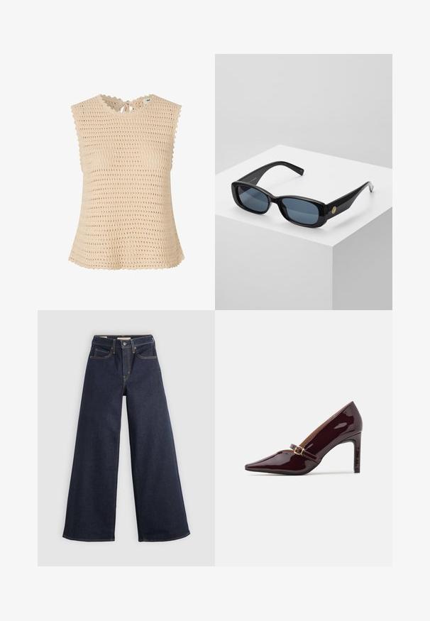 Bežica pletena majica s teksturiranim, otvorenim tkanjem. Ima valoviti izrez, veze na leđima i kratke rukave.; Široke traperice tamnoplave boje s kontrastnim šavovima. Sadrže klasičan dizajn s pet džepova i dugme na struku.; Patent burgundska visoka potpetica s oštrim vrhom, remenom oko gležnja s zlatnim detaljima, i glatkom, sjajnom završnom obradom. Povišena stiletto potpetica.; Crne pravokutne sunčane naočale s plavim obojenim lećama, debelim okvirom i zlatnim kružnim detaljem sa strane. Elegantna, sjajna završna obrada.; Bordo torbica napravljena od sintetičkog materijala sa strukturiranim dizajnom, koja ima odvojivi remen i cvjetni šal vezan za ručku.