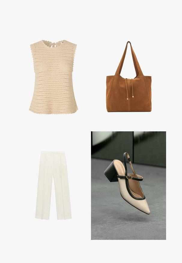 Beige knit top with a textured, open weave. Features a scalloped neckline, ties at the back, and cap sleeves.; Wide-legged trousers in a light cream color. Made from a smooth fabric with pleats at the front and side pockets.; Beige pointed-toe slingback shoe with black trim, gold buckle, and a chunky block heel on gray floor with dark green background.; Brown suede tote bag with two long straps, drawstring closure, and minimalistic design. Smooth texture and no visible hardware accents.