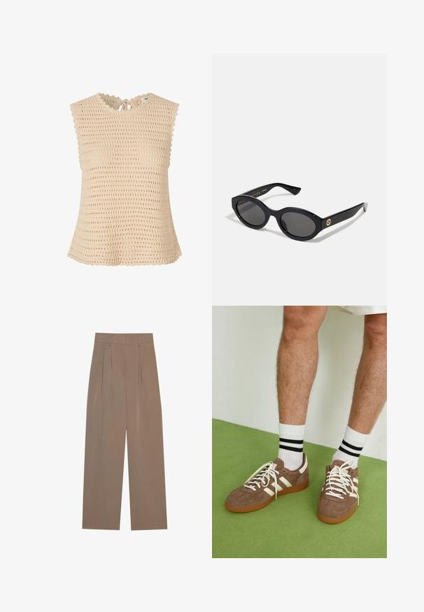 Beige gebreide top met een gestructureerde, open weef. Heeft een geschulpte halslijn, strikjes op de rug en kapmouwen.; Bruine geplooide broek met een wijde pijp, voorzien van een platte tailleband en zijzakken, gemaakt van een lichtgewicht stof.; Bruine suède sneakers met witte accenten en veters. Rubberen gumzool. Draag met witte sokken met zwarte strepen. Groene gestructureerde vloer.; Zwarte ovale zonnebril met donkere glazen en een glanzend kunststof frame. Heeft een gouden logo op de poot, dat een strakke en moderne uitstraling biedt.