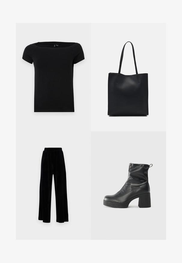 Černé tričko s krátkým rukávem a čtvercovým výstřihem, vyrobené z lehkého materiálu, s hladkou texturou a jednoduchým designem.; Černé kalhoty širokého střihu vyrobené z měkkého sametu, s elastickým pasem a hladkým povrchem, bez viditelných detailů nebo vzorů.; Černé kotníkové boty vyrobené z hladké kůže, s bočním zipem, robustním strukturovaným podpatkem a kulatou špičkou.; Černá kožená taška přes rameno s hladkým povrchem, obdélníkovým tvarem a dvěma dlouhými uchy. Žádné viditelné kování ani ozdoby.