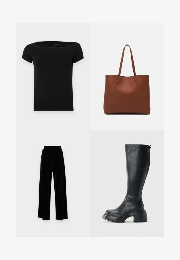 Camiseta preta de manga curta com decote quadrado, feita de tecido leve, apresentando uma textura suave e um design clean.; Calças largas pretas feitas de veludo suave, com um cós elástico e uma textura lisa, sem detalhes ou padrões visíveis.; Bota preta de couro alta com sola de plataforma robusta e salto bloco, apresentando puxador e padrão texturizado na sola.; Bolsa tote de couro castanho com uma textura suave, design de abertura superior e duas alças para o ombro. Apresenta costura mínima e sem hardware visível.