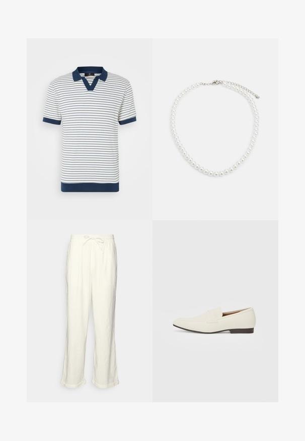 Stripet bomull polo skjorte, med vertikale marineblå og hvite striper, marineblå krage og mansjetter, samt V-hals design. Myk tekstur.; Linstanter i off-white med drawstring midje, lett vide ben og rullede ermer for en avslappet passform. Ingen lommer.; Lyse beige loafers med spiss tå, glatt materiale, en stropp over vampsen, og en lav brun såle. Enkel design med minimale detaljer.; Hvit perlekjede med en enhetlig rund form, glatt overflate, og metallspenne med en forlengelseskjede for justerbar lengde.