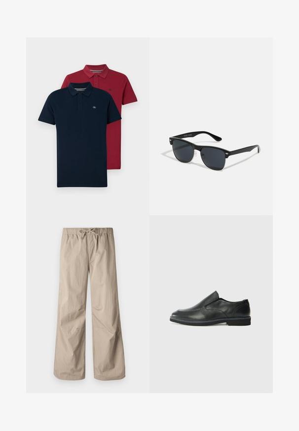 Du vieti marškiniai: vieni tamsiai mėlyni, kiti bordo spalvos. Abu pasižymi klasikiniu apykakle, trijų mygtukų sagomis ir siuvinėtu logotipu ant krūtinės.; Šviesiai rudos plačios kelnės su elastinga juosta ir raišteliu. Lygus paviršius, dvi šoninės kišenės ir minimalūs siūlės, užtikrinantys patogų prigludimą.; Juodai odiniai įtvirtinimo batai su lygiu paviršiumi, siuvinėjimo akcentais, apvalia nosimi ir žemu guminiu kulnu. Pado raštas minimalus.; Juodos saulės akinių su stačiakampiu rėmeliu, tamsiais lęšiais, sidabrinėmis detalėmis šventrajose ir matinio paviršiaus rėmeliu.