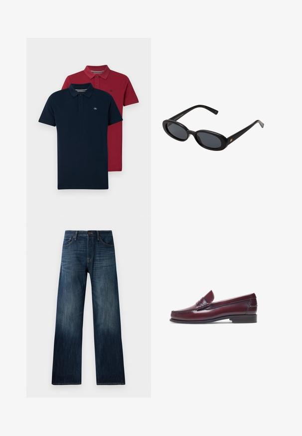 Twee poloshirts: één marineblauw, één bordeauxrood. Beide hebben een klassieke kraag, een drieknoopssluiting en een geborduurd logo op de borst.; Donkerblauwe spijkerbroek met een recht model, voorzien van een lichte stof, riemlussen en een klassieke vijf-pocket stijl.; Bordeaux leren instapper met een ronde neus, gestikte details en een kleine decoratieve accent op de schacht. Platte, contrasterende zool.; Zwarte oversized zonnebril met ovale lenzen, een glad plastic montuur en gouden accenten op de pootjes. Donkere lenzen bieden bescherming tegen de zon.