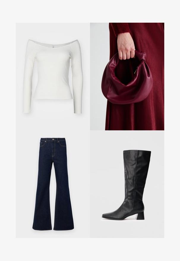 White off-the-shoulder long-sleeve top made from ribbed material. Fitted design with a smooth texture and straight hemline.; Dark blue flared denim jeans featuring a high waist, front pockets, and golden stitching accents. Smooth texture with a traditional cut.; Black mid-calf leather boot with pointed toe and block heel on plain light background.; Burgundy leather handbag with a soft, gathered design and a rounded shape. The handle is secured, showcasing a smooth texture.