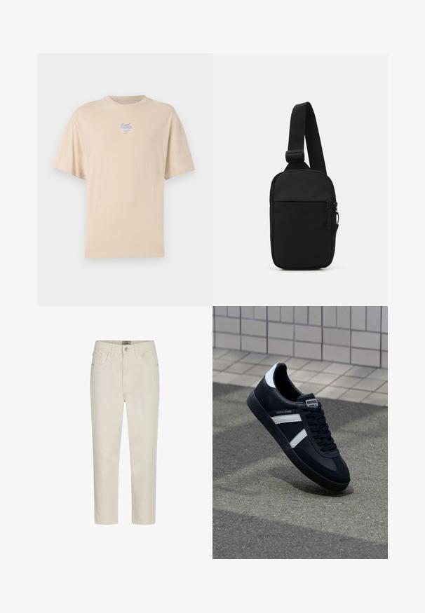 Beige bomullströja med korta ärmar, rund hals och en liten flerfärgad logotyp på bröstet. Slät textur och avslappnad passform.; Beiga raka jeans med framknapp, bälteslopp och femfickdesign, visade på en vit bakgrund.; Svart lädersneaker med vita ränder, texturerad gummisul, och snörning fram. Har en märkesskylt på tungan.; Svart axelväska gjord av slitstarkt tyg, med en justerbar rem, ett zip-försett huvudfack och en framficka.