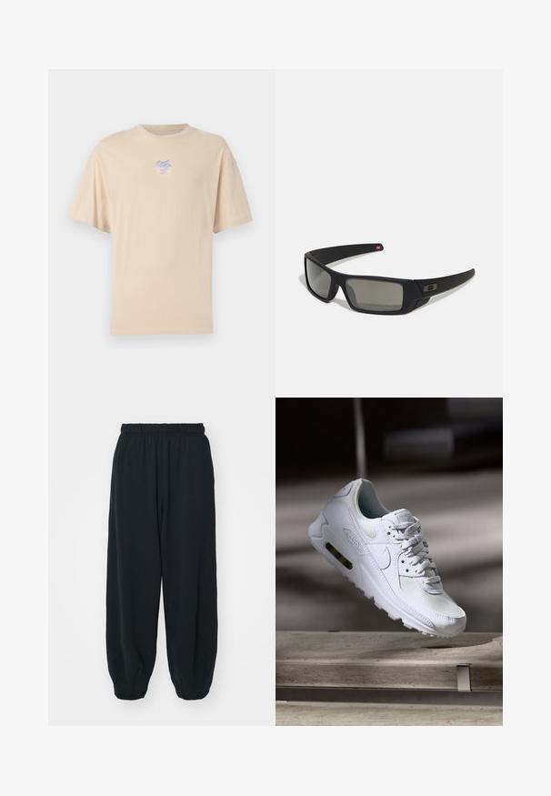 Beige bomulds T-shirt med korte ærmer, rund hals og et lille flerfarvet logo på brystet. Glat tekstur og afslappet pasform.; Sorte svedbukser med elastisk talje, løs pasform, afsluttede ankler, glat tekstur og uden synlige mønstre eller hardware-detaljer.; Hvide Nike Air Max 90 sneakers med en overdel i mesh og læder, perforeret tåboks og en synlig luftenhed i hælen.; Sorte solbriller med mat finish, rektangulære linser, let kurve ved templerne, diskret logo detaljer og røgfarvede linser.