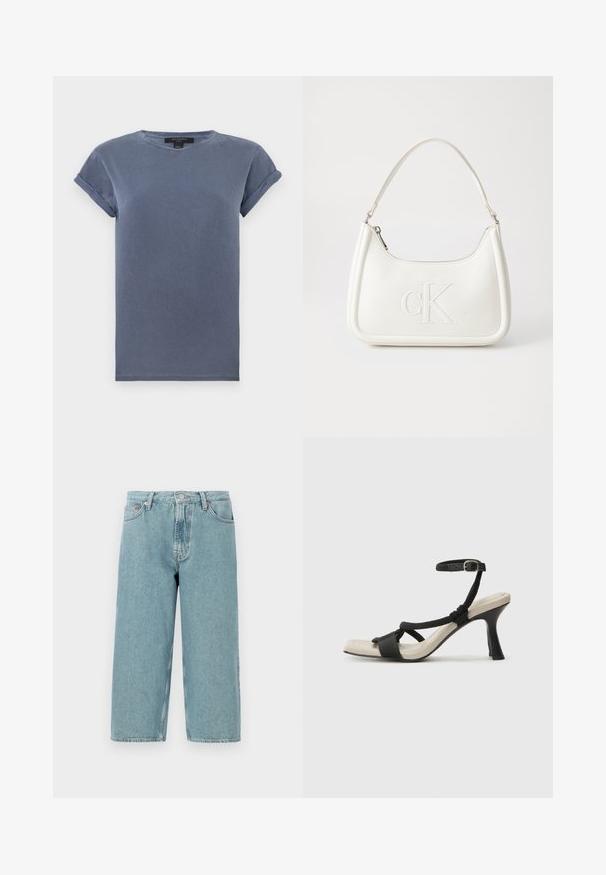 Mėlynas medvilninis marškinėliai su apvaliu iškirpimu, trumpomis suktomis rankovėmis ir laisvu siluetu. Būdingas sklandus paviršius ir jokių raštų ar papuošimų.; Šviesiai mėlynos džinsinės šortai su aukštu liemeniu, tiesiu kirpimu ir neapdorotu kraštu. Yra klasikinis sagtys ir užtrauktukas, keturios kišenės.; Juodų aukštakulnių sandalų su pintu dirželiu dizainas, kvadratine nosimi ir reguliuojamu kulkšnies dirželiu. Šviesiai bežė padas su blizgiu juodu kulnu.; Balta odinė rankinė su išlenkta forma, su reljefiniu "CK" logotipu priekyje ir viena petneša. Užtrauktuko uždarymas viršuje.