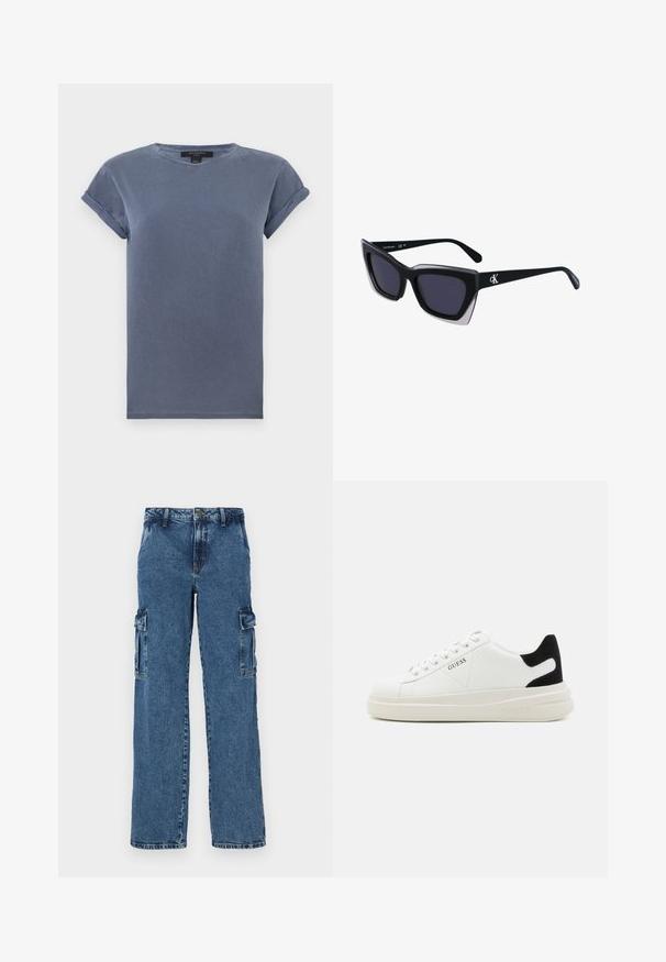 Modra bombažna majica s krožnim izrezom, kratkimi zavihani rokavi in sproščenim krojem. Ima gladko teksturo brez vzorcev ali okraskov.; Modre denim cargo hlače z ohlapnim krojem, ki imajo dve stranski žep, ojačane šive in ravno nogo.; Bele usnjene športne copate z debelim belim podplatom, črnimi semišnimi detajli na peti in utisnjenim logotipom na strani. Zavezovanje s šestimi luknjicami.; Črne prevelike sončne očala geometrijske oblike, z temnimi lečami in kontrastno sivo podrobnostjo na okvirju. Logo na ročaju.