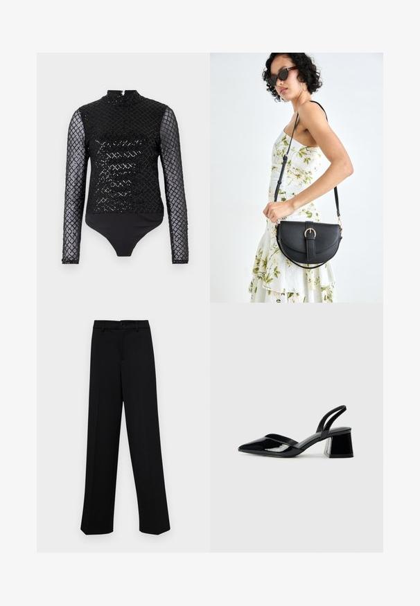 Fekete body, hosszú, átlátszó flitteres ujjal és magas nyakkal. Fektetett kidolgozású, sima textúrájú fekete alsó résszel.; Fekete, széles szárú nadrág sima anyagból, klasszikus derékrésszel, gombzárral és elülső redőkkel.; Fekete lakk bőr szandálkés magas sarkú cipő, hegyes orral és geometrikus tömbsarkakkal. Karcsú, minimalista dizájn és sima textúra jellemzi.; Fekete bőrtáska ívelt formával, levehető pánttal és arany színű fémrészekkel. A táskán egy csattal díszített fedél található.