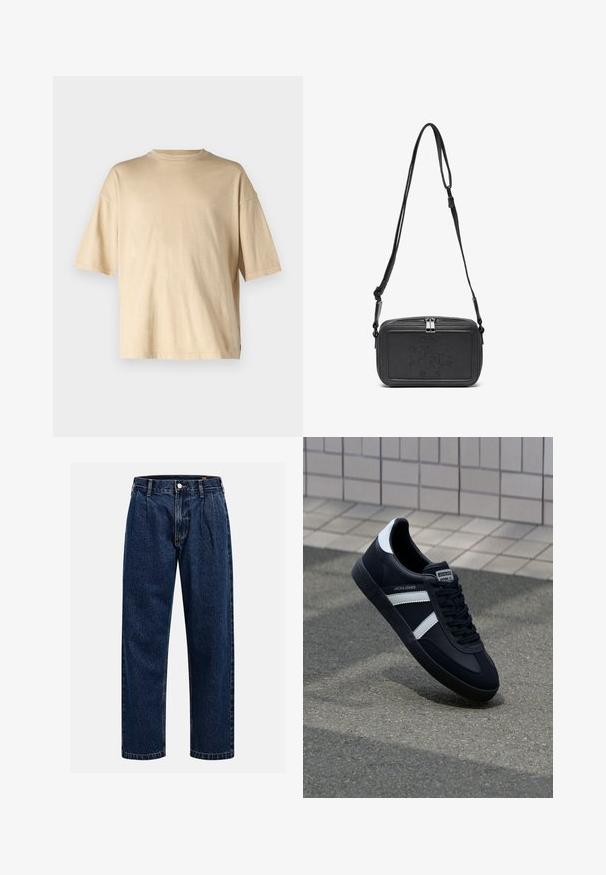 Jack & Jones JJECHARGE FADED TEE - Základné tričko - humus; Tmavo modré džínsy s rovnými nohavicami. Obsahujú viditeľné švy, zapínanie na gombík a predné skladanie pre zvýraznenie detailov.; Čierne kožené tenisky s bielymi pruhmi, textúrovanou gumovou podrážkou a šnurovaním vpredu. Obsahujú označenie značky na jazyku.; Čierna kožená crossbody taška so zipsom, s embosovaným logom na prednej strane a nastaviteľným popruhom. Hladká textura a obdlžníkový tvar.