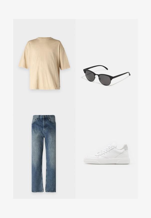 Jack & Jones JJECHARGE FADED TEE - Pamata T-krekls - humus; Zilā džinsa bikses ar taisnu kāju griezumu, ar izbalējušu mazgāšanu, jostu cilpām, priekšējām kabatām un vienu aizmugures kabatu.; Baltie ādas sporta apavi ar gludu virsmu, noapaļotu purngalu, plakaniem šņorēm un reljefa zoli. Pelēks zamšādas akcenti pie papēža.; Melnas saules brilles ar apaļām lēcām, matēta apdare un izteiksmīga kaķa acu forma. Šaurās kājiņas ar Discreto zīmolu uz kreisā tempļa.