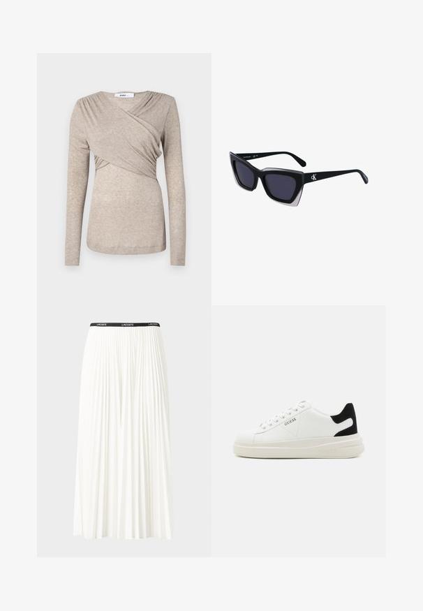 Bežový top s dlhým rukávom vyrobený z jemnej textúrovanej tkaniny; obsahuje prekrývací dizajn s nariasením na ramenách a okrúhlym výstrihom.; Plisovaná biela sukňa s čiernym elastickým pásom s logom "LACOSTE". Sukňa je stredne dlhá a má mäkkú textúru.; Biele kožené tenisky s hrubou bielou podrážkou, čiernym zamekom na päte a vyrazeným logom na boku. Šnurovací dizajn so šiestimi očkami.; Čierne oversized slnečné okuliare s geometrickým tvarom, s tmavými šošovkami a kontrastným šedým detailom na ráme. Logo na mostíku.; Strieborné kruhové náušnice s hladkým a lesklým povrchom. Okrúhly tvar, ľahký dizajn, s uzáverom na kolík.