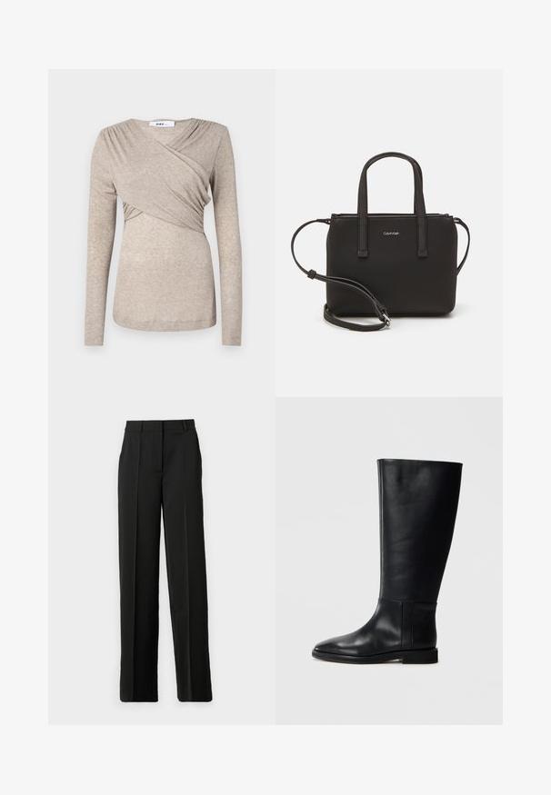 Bežinė ilgomis rankovėmis palaidinė, pagaminta iš minkštos tekstūruotos medžiagos; turi suvyniojimo dizainą su surinktu akcentu ant pečių ir apvaliu iškirpimu.; Juodi plačios kojų kelnės, pagamintos iš lygaus audinio, su lygia priekiu, diržo kilpomis ir pritaikytu siluetu be kišenių.; Juodos odinės kelio ilgio boot'ai su apvaliu pirštu, lygia tekstūra, minimalistiniu dizainu ir plokščiu padu. Paprasti siuvinėjimo detalės ant šonu.; Juoda rankinė su dviem trumpais rankenėlėmis ir nuimamu petį. Lygaus odos tipo medžiaga su užtrauktuku ir logotipo detale.