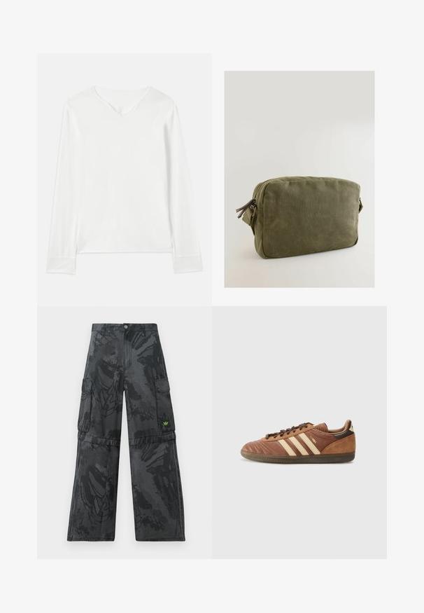 Pitkähihaista valkoista paitaa, jossa on V-pääntie, pehmeä rakenne ja sivuhalkiot. Ominaisuuksina on yksinkertainen muotoilu ilman koristeluja tai kuvioita.; Mustat cargo-housut, joissa on teksturoitu tumma kuvio. Varustettu useilla sivutaskuilla ja pienellä vihreällä logokuviolla edessä.; adidas Originals SAMBA UNISEX - Matalavartiset tennarit - preloved brown/sand strata/dark brown; Oliivivihreä kangaslaukkukotelo, jossa on suorakulmainen muoto, vetoketjullinen sulkiminen ja nahkakoristukset vetoketjun vetimessä.