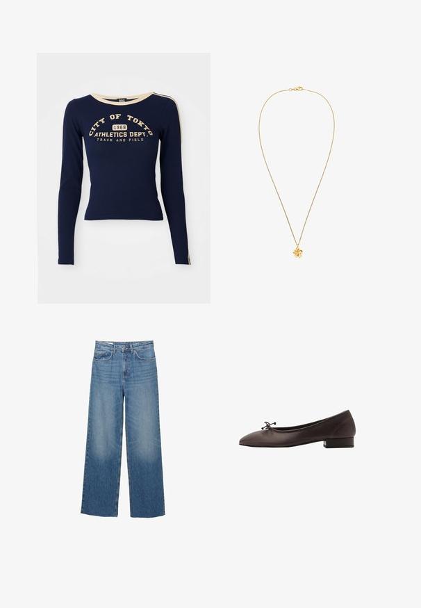 Mornarska srajca z dolgimi rokavi iz bombaža, s kremnim ovratnikom. Tiskano besedilo spredaj: "MESTO TOKYO 1968 ODDELK ZA ATLETIKO. TEKA IN POLJE."; Svetlo modri široki jeans z visokim pasom, dvema sprednjima žepoma in blagim bledenjem na stegnih, z običajnim gumbom in zadrgo.; Rjave usnjene balerinke z zaobljenim nosom in majhnim blokastim peto. Opremljene so z tanko pentljo spredaj in subtilnimi šivi.; Zlata verižica z uhani v obliki teksturirane cvetlice. Verižica je fina in fleksibilna, kar dopolnjuje cvetlični dizajn.