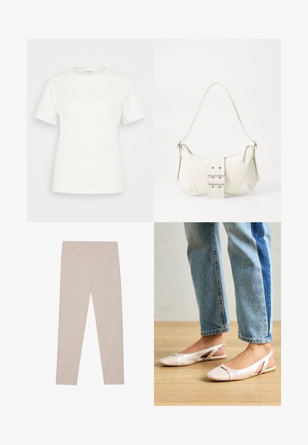 Valge puuvillane T-särk ümmarguse kaelusega ja lühikeste varrukatega. Ees ei ole nähtaval silmatorkavaid mustreid ega aktsente.; Beige püksid, mis on valmistatud pehmest kangast, sirge lõikega, esiигusid ja puhta vöökoht ilma kaunistuste või mustriteta.; Kahvatu roosa slingback lapikute jalatsite paar, millel on terav varvas, valmistatud siledast nahataolisest materjalist. Omab külgedel lõikekohti ja lapikut kontsa.; Valge õlakott tekstuuriga viimistlusega, keskel kinnitatud pandlaga ja kõverate kujunditega. Tõmblukuga kinnitused mõlemal küljel.