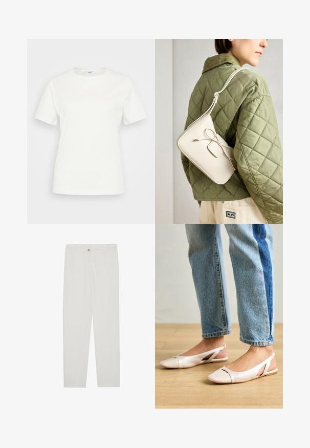 Valkoinen puuvillapaita, jossa on pyöreä kaula-aukko ja lyhyet hihat. Edessä ei ole näkyviä kuvioita tai yksityiskohtia.; Valkoiset, muotoon ommellut housut, joissa on suora lahjerakenne, napillinen sulkeminen, vyölenkit ja sivutaskut; sileä kangas.; Vaaleanpunaiset slingback-ballerinat, joissa on terävä kärki, valmistettu sileästä nahkamaisesta materiaalista. Sivujen leikkuuyksityiskohdat ja tasapohja.; Beige nahka-olkalaukku, jossa on nauhakiinnitys, kultaiset yksityiskohdat ja yksi säädettävä hihna, joka on puettu vihreän tikatun takin päälle.