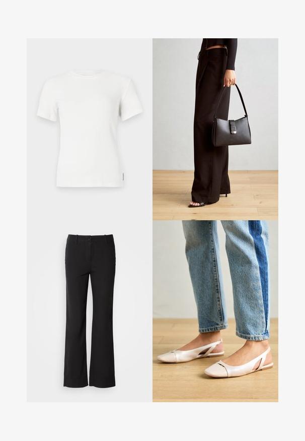 Balti juostuota trumpomis rankovėmis marškinėliai su apvaliu dekolažu. Minkšta tekstūra, prigludęs dizainas ir minimalūs siuvinėjimo detalės.; Juodi medvilnės mišinio kelnės su tiesiu kirpimu, priekyje su mygtukų užsegimu ir dviem šoninėmis kišenėmis. Lygi tekstūra, be matomų raštų.; Šviesiai rožiniai slingback baleto bateliai su smailiu pirštu, pagaminti iš lygios odai panašios medžiagos. Yra išpjovimų detalės šonuose ir plokščias kulnas.; Juodas rankinė struktūrizuota forma, lygi tekstūra ir metalinis užsegimas. Suporuota su plačiomis juodomis kelnėmis ir atvirais bateliais ant medinių grindų.