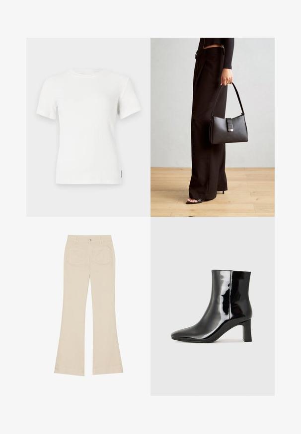 Tricou alb cu maneci scurte, din material ribbed, cu guler rotund. Textură moale, design ajustat și detalii de cusătură minime.; Pantaloni bej evazați cu talie înaltă, realizati dintr-un materiale din bumbac. Prezintă buzunare frontale și posterioare, găici pentru curea și un singur nasture argintiu.; Botine negre din piele lacuită, cu vârful ascuțit și toc bloc de înălțime medie. Textură netedă și design minimalist.; Genți negre cu o formă structurată, textură netedă și un închizător metalic. Asortată cu pantaloni negri largi și sandale cu vârf deschis pe un podea din lemn.