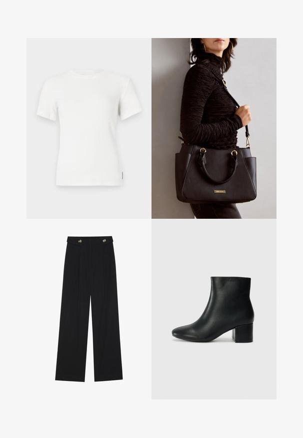 Valge ribadega lühikeste varrukatega T-särk ümmarguse kaelusega. Pehme tekstuur, kerenge kujundus ja minimaalsed õmblemise detailid.; Mustad laiad püksid kõrge vöökoha ja nööpdetailidega vööandil, esikortsudega.; Mustad nahast pahkluu saapad terava varbaga ja jämeda kandaga. Sile tekstuur minimaalse aktsentidega ja stiilne, lihvitud disain.; Musthave must kott, millel on tekstuurne pind, kaks ülemist käepidet ja reguleeritav õlarihm. Omab kuldse tooni riistu ja külgtaskuid.