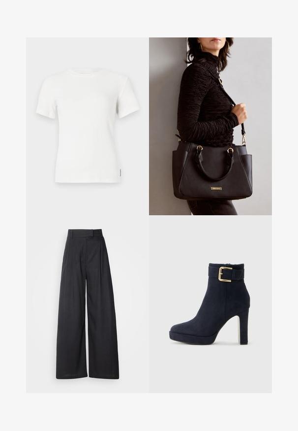 Camiseta blanca de manga corta con cuello redondo. Textura suave, diseño ajustado y detalles de costura mínimos.; Pantalones oscuros de pierna ancha con una cintura estructurada y pliegues. Fabricados en un tejido ligero, con una textura suave y sin patrones visibles.; Botín de tobillo negro de ante con tacón alto, correa con hebilla dorada y tacón grueso, sobre un fondo blanco liso.; Bolso negro con superficie texturizada, doble asa superior y correa para hombro ajustable. Presenta herrajes en tono dorado y bolsillos laterales.
