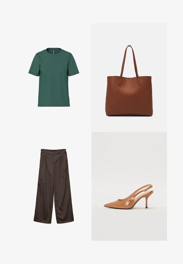 Kortermet t-skjorte i mørkegrønn bomull med rund hals. Enkelt, udecorert design og en avslappet passform. Myk tekstur, uten mønster.; Vide bukser i mørkebrunt stof med en glat overflade. Funktioner omfatter plisseringer foran og en standard talje.; Spiss tå slingback hæl i et glat, glinsende brunt materiale. Har et buet utskårent design og en slank stilett hæl. Sølvspenne detalj.; Brun lær tote veske med en jevn tekstur, åpen toppdesign og to skulderstropper. Har minimal søm og ingen synlige spiker.