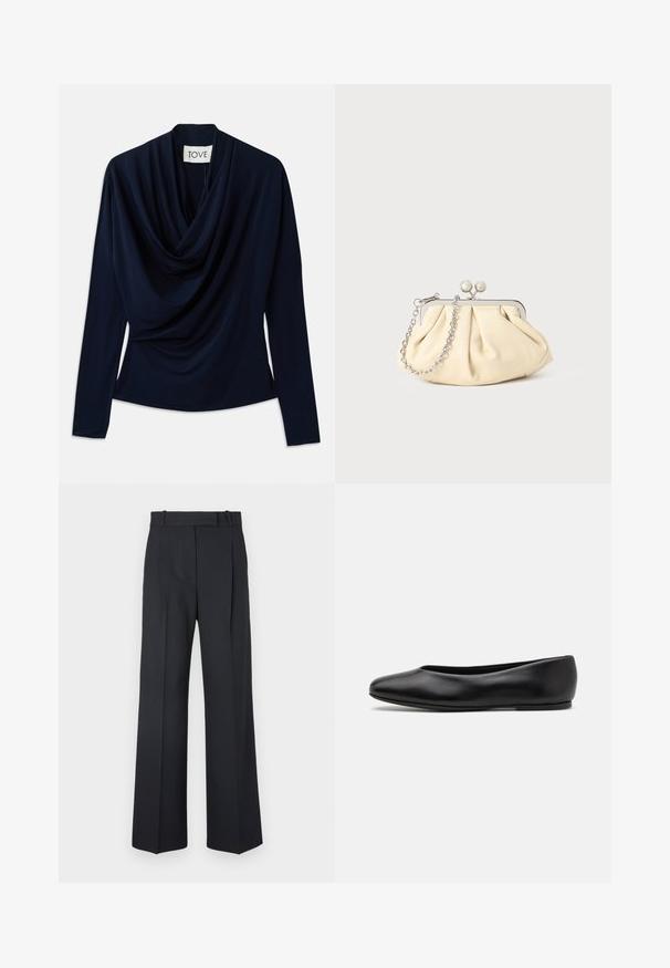 Marineblaue Langarmbluse mit drapierter Ausschnittlinie, gefertigt aus weichem Stoff. Verfügt über eine figurbetonte Silhouette und ein minimalistisches Design. Markenlabel sichtbar.; Dunkelblaue Nadelstreifenhosen mit hoher Taille, weit geschnittenem Bein und ohne sichtbare Beschläge oder Verzierungen. Glatte Textur und taillierte Passform.; Paul Smith TOPANGA - Klassischer Ballerina - black; Faltige beigefarbene Ledertasche mit einem silbernen Metallrahmen, ausgestattet mit zwei runden dekorativen Verschlüssen und einem silbernen Kettenriemen.