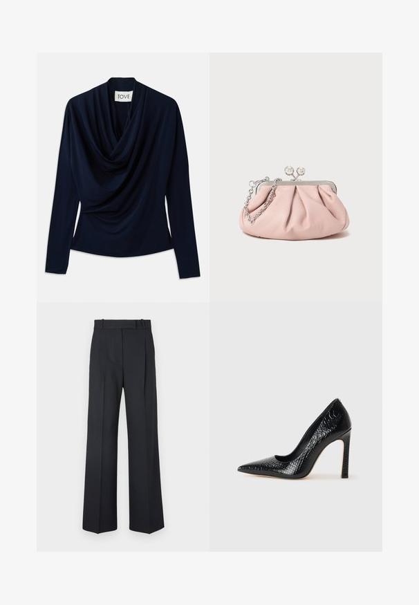 Diepblauw langemouwen top met gedrapeerde halslijn, gemaakt van zachte stof. Heeft een getailleerde pasvorm en een minimaal ontwerp. Merkenlabel zichtbaar.; Donkerblauwe pinstriped broek met een hoge taille, wijde pijpen en zonder zichtbare hardware of versieringen. Glad textuur en nauwkeurige pasvorm.; Zwarte puntige hoge hak schoen met een krokodillenleren textuur, met een slank ontwerp, hoge stiletto-hak, en een gladde zwarte binnenkant.; Roze leren clutch tas met een geplooid ontwerp, metalen frame, twee ronde sluitingen en een zilveren schouderband. Gladde textuur, compacte vorm.