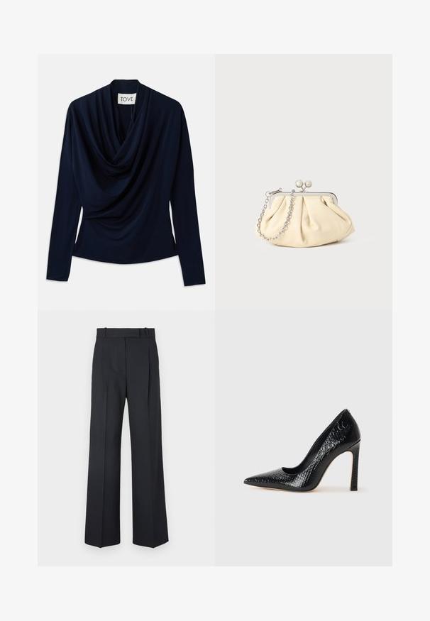 Tume sinine pika varrukaga top, millel on drapeeritud kaelus ja pehme kangas. Omab istuvat siluetti ja minimaalset disaini. Brändi silt on nähtav.; Tumed sinise triibuga püksid, kõrge vöökoht, laiad jalad ning ilma nähtavate metalldetailide või kaunistusteta. Sile tekstuur ja täpselt istuv lõige.; Mustan teravaotsaga kõrge kontsaga king, millel on krokodillimustriga tekstuur, stiilne disain, kõrge stilettokonts ja sile must sisesisustus.; Kortsus beežist nahast kotike, millel on hõbedane metallraam, kaunistatud kahe ümmarguse dekoratiivse lukuga ja hõbedase ketispideme.