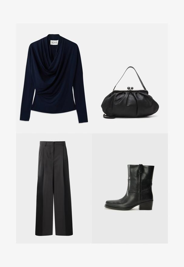 Diepblauw langemouwen top met gedrapeerde halslijn, gemaakt van zachte stof. Heeft een getailleerde pasvorm en een minimaal ontwerp. Merkenlabel zichtbaar.; Zwarte wijde broek met hoge taille, met voorplooien, een gladde textuur en een nette afwerking. Ontworpen voor een ontspannen pasvorm.; Zwarte leren enkellaars met een ronde neus, blokhak, zijrits en stikselaccenten op de wreef. Gladde textuur, klassiek ontwerp.; Zwarte leren handtas met een afgerond, geplooid ontwerp. Voorzien van een metalen sluiting met twee decoratieve bollen en een smalle, afneembare schouderband.