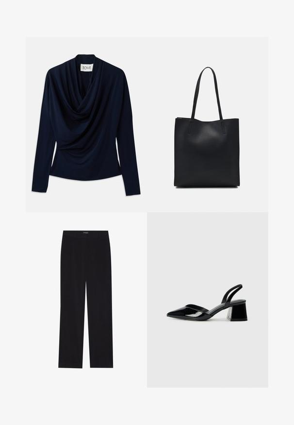 Top de manga longa azul marinho com decote drapeado, feito de tecido suave. Apresenta uma silhueta ajustada e um design minimalista. Rótulo da marca visível.; Calças de veludo cotelê pretas com corte reto, apresentando uma cintura lisa e sem bolsos visíveis, textura suave e detalhe de riscas verticais.; Sandy em verniz preto com salto slingback, ponta afilada e salto geométrico. Apresenta um design elegante e minimalista com textura suave.; Bolsa tote preta em couro com textura lisa, forma retangular e duas alças longas. Sem hardware ou enfeites visíveis.