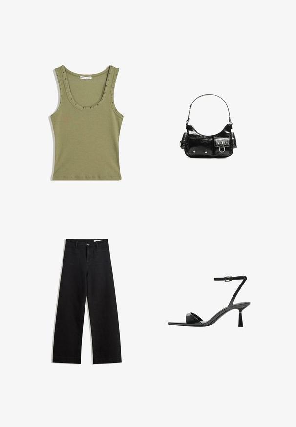 Top de bumbac ribbed verde măsliniu, cu decolteu rotund, care are capse argintii pe margini pentru un plus de detaliu. Confecționat dintr-un material moale și extensibil.; Pantaloni din denim negri cu picioare largi, cu talie înaltă, având buzunare frontale și posterioare, cusături dublate și închidere cu nasture. Textură netedă.; Bershka Sandale cu toc - black; Geantă de mână din piele lăcuită neagră, cu o formă curbată, un umăr, buzunare frontale și accente din metal argintiu.
