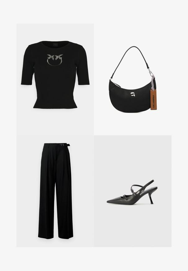 Melna ribota īsās piedurknes tops ar metalizētu logotipa dizainu centrā. Audumam ir teksturēta virsma un pieguļoša silueta.; Melni plaši bikses ar augsto jostasvītru, priekšā ar krokojiem un jostu ar sprādzi. Izgatavotas no gludas, vieglas auduma.; Melnas ādas slingback papēži ar norādītu purngalu, izsmalcinātu papēdi un dekoratīvu sprādzi uz priekšpuses. Gluda tekstūra un elegants dizains.; Melnas ādas rokassomu ar akmens struktūru, izliekta forma, augšējā rāvējslēdzēja aizvēršana, sudraba detaļas un brūns birkas. Iespējas logotipa akcentam.
