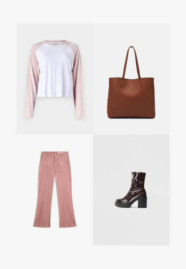 Majica dugih rukava raglan kroja s bijelom osnovom i svijetlo ružičastim rukavima, izrađena od mekog pamuka; skraćeni dizajn s okruglim izrezom.; Ružičaste traperice s raširenim nogavicama i blago blijedom završnom obradom, s pet dugmadi za zatvaranje i dva prednja džepa.; Sjajna burgundska čizma do gležnja s debelim crnim potplatom, koja se odlikuje glatkom teksturom i jednostavnim dizajnom. Nema vidljivih kopčanja ili uzoraka.; Smeđa kožna torba preko ramena s glatkom teksturom, otvorenim vrhom i dvjema naramenicama. Ima minimalne šavove i nema vidljivog hardvera.