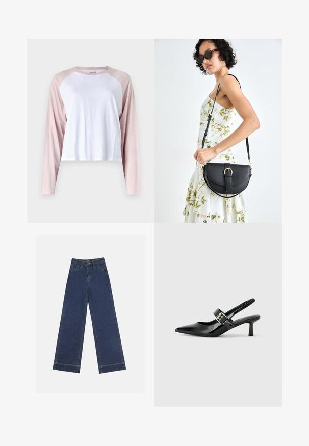Tricou cu mâneci lungi tip raglan, cu corp alb și mâneci roz deschis, realizat dintr-un material de bumbac moale; design scurtat cu guler rotund.; Jeans evazați din denim albastru închis. Au cinci buzunare, bucle pentru curea și o margine brută la baza, cu detalii de coasere vizibile.; Sandale cu toc din piele patent neagră, cu vârful ascuțit și un toc mic bloc, având un accent cu cataramă argintie pe curea.; Geantă din piele neagră, cu o formă curbată, curea detașabilă și accesorii aurii. Geanta are un capac cu un detaliu tip cataramă.